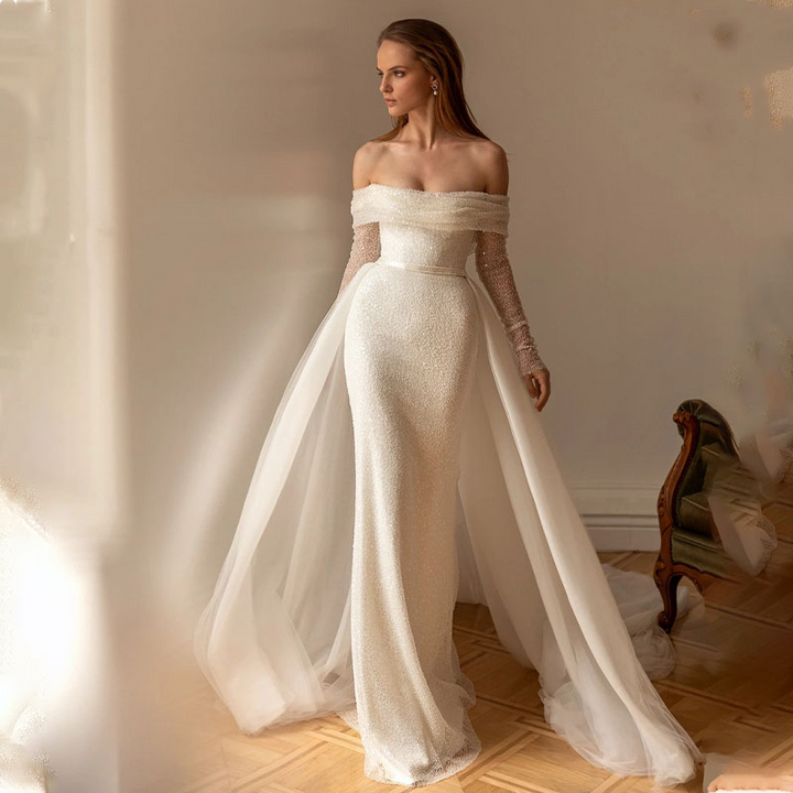 2-in-1 Pearled Shining Long Sleeve Bling Sequined Off-The-Shoulder Full Sleeves Detachable Train Mermaid Wedding Gown