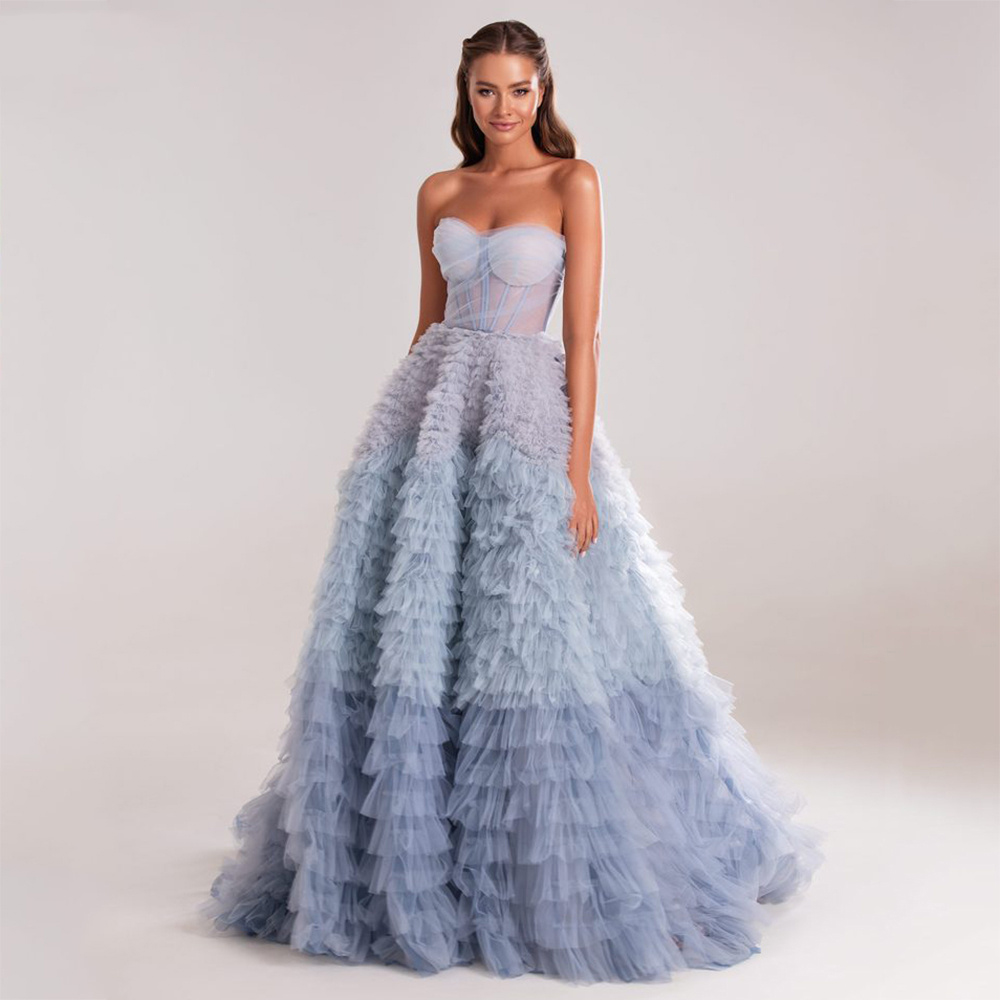 HEAVENLY<br>Blue Ruffles Tulle Pleats Ruched A-Line Tiered Backless Bridal Gown