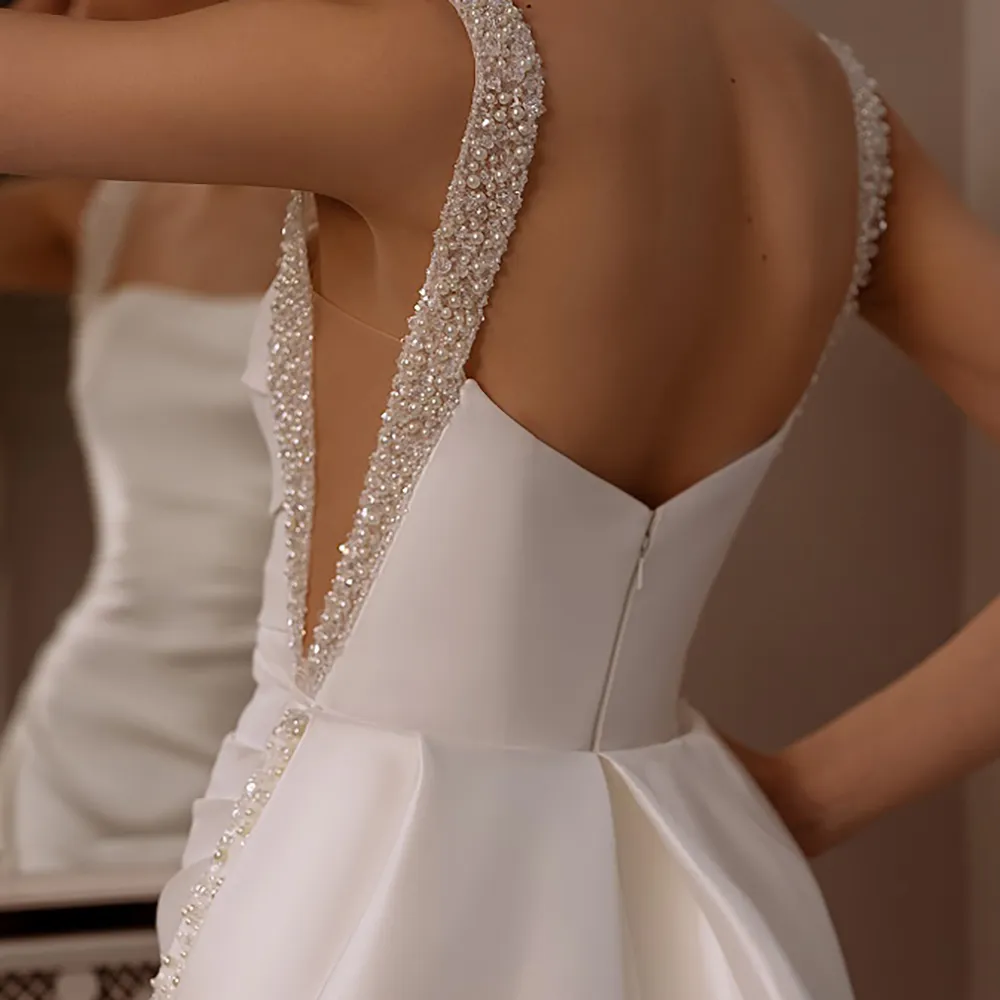 Mermaid Sleeveless Satin and Pearls Detachable Train Bridal Dress