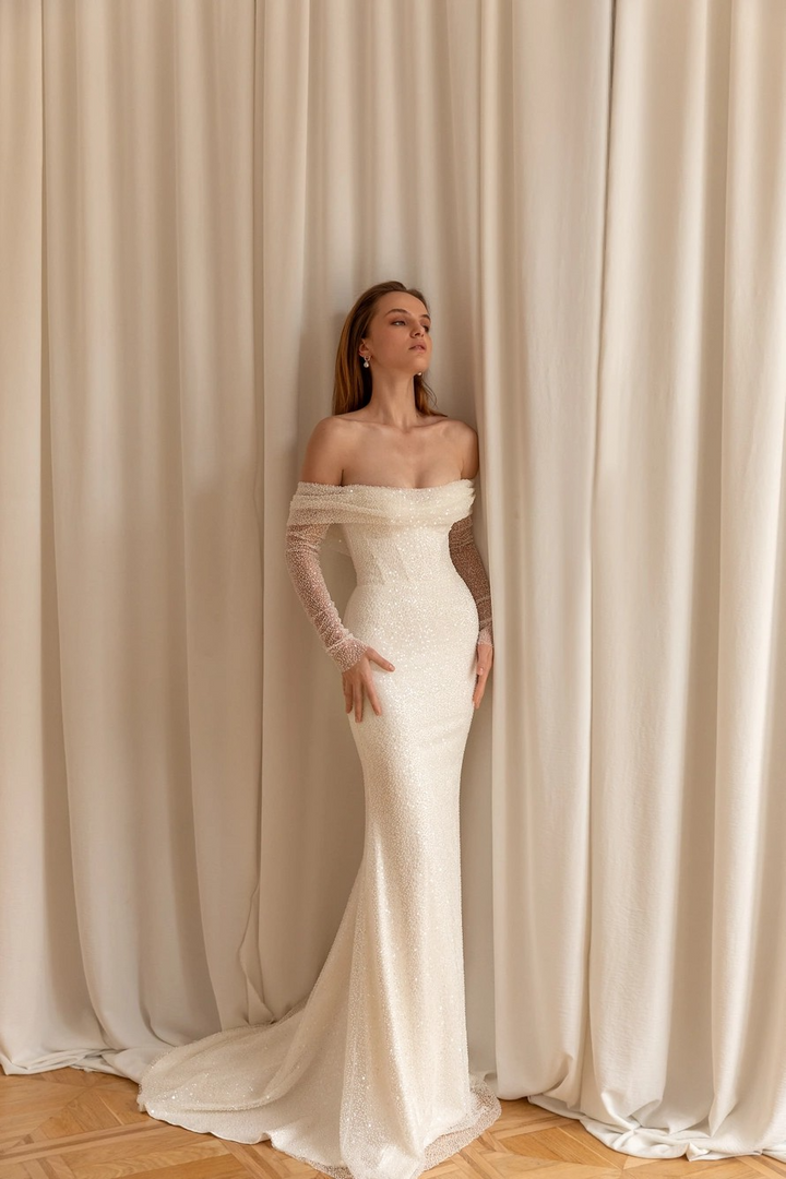 2-in-1 Pearled Shining Long Sleeve Bling Sequined Off-The-Shoulder Full Sleeves Detachable Train Mermaid Wedding Gown