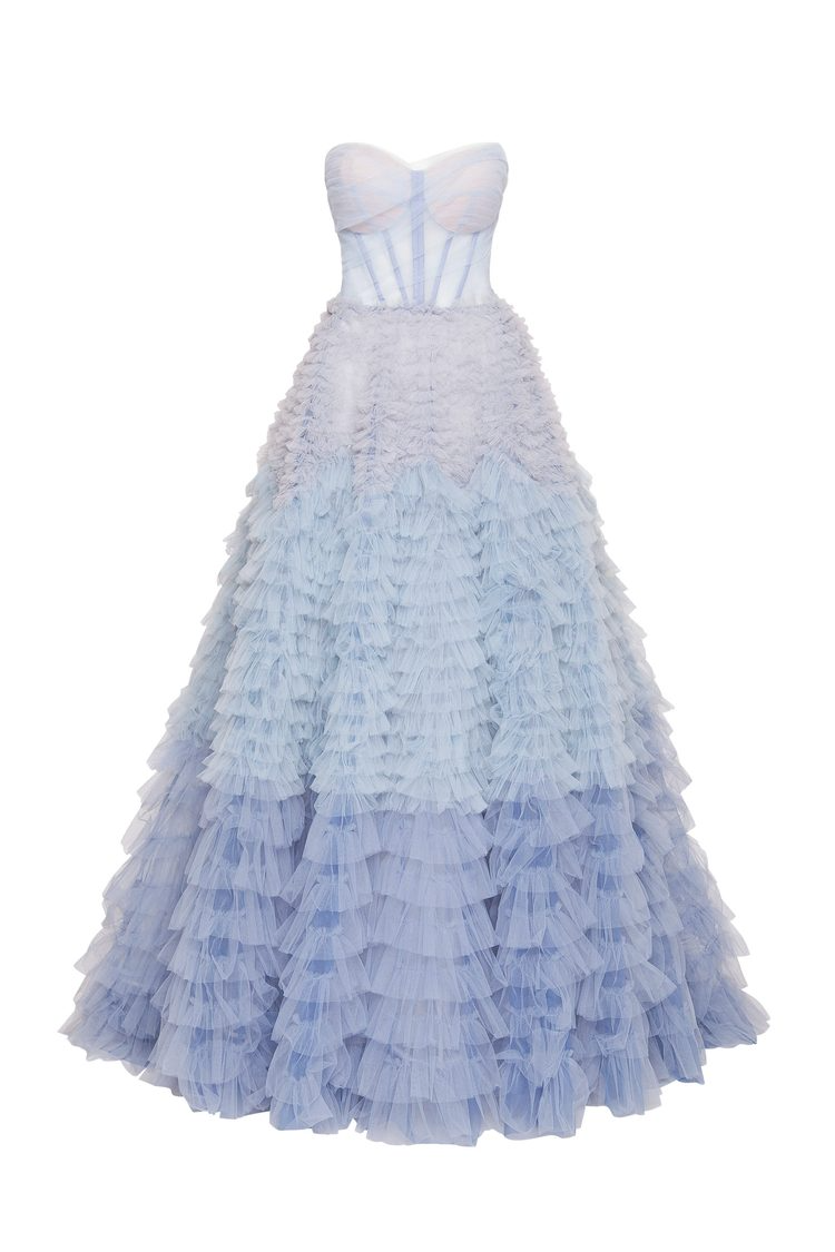 HEAVENLY<br>Blue Ruffles Tulle Pleats Ruched A-Line Tiered Backless Bridal Gown