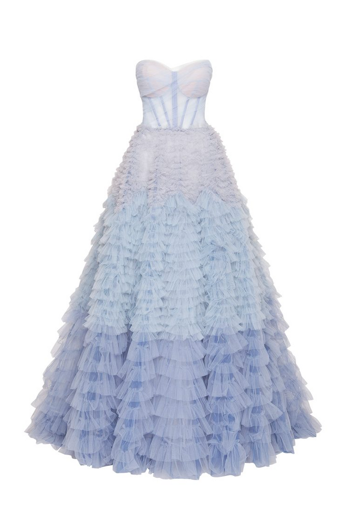 HEAVENLY<br>Blue Ruffles Tulle Pleats Ruched A-Line Tiered Backless Bridal Gown
