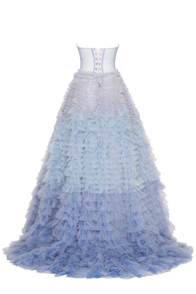 HEAVENLY<br>Blue Ruffles Tulle Pleats Ruched A-Line Tiered Backless Bridal Gown