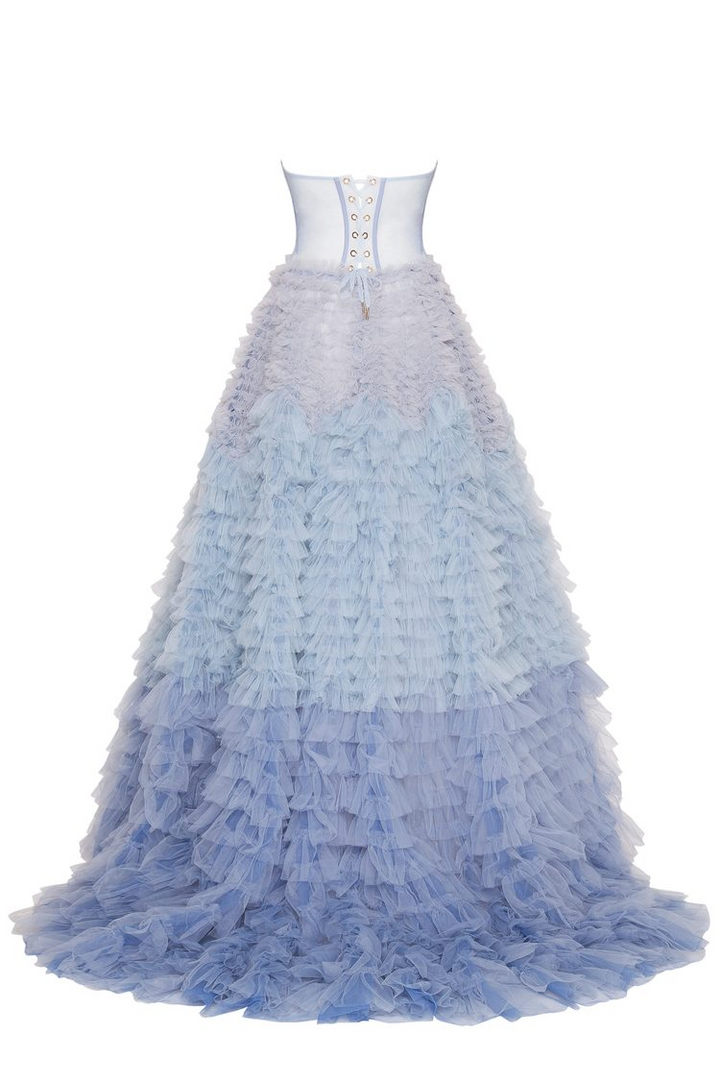 HEAVENLY<br>Blue Ruffles Tulle Pleats Ruched A-Line Tiered Backless Bridal Gown