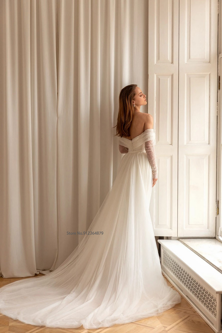 2-in-1 Pearled Shining Long Sleeve Bling Sequined Off-The-Shoulder Full Sleeves Detachable Train Mermaid Wedding Gown