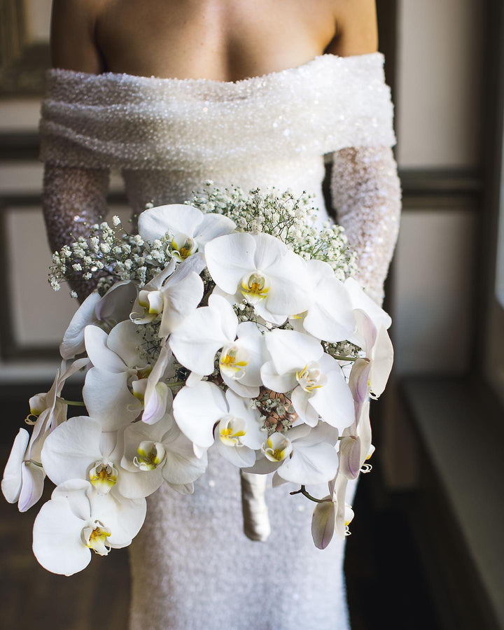 2-in-1 Pearled Shining Long Sleeve Bling Sequined Off-The-Shoulder Full Sleeves Detachable Train Mermaid Wedding Gown