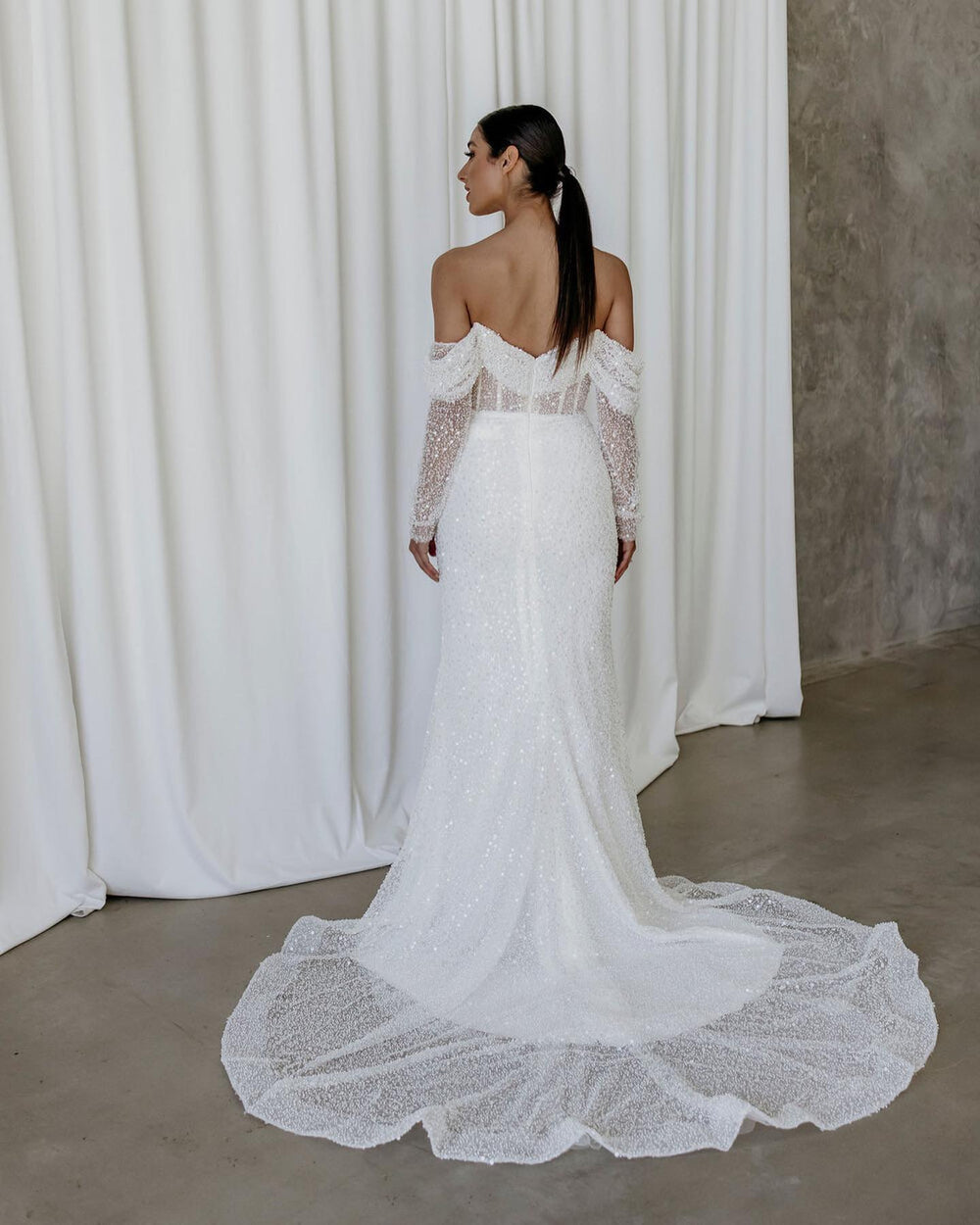 2-in-1 Pearled Shining Long Sleeve Bling Sequined Off-The-Shoulder Full Sleeves Detachable Train Mermaid Wedding Gown