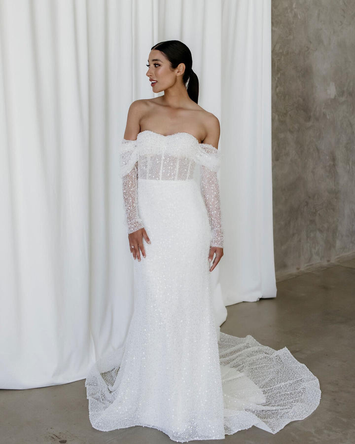 2-in-1 Pearled Shining Long Sleeve Bling Sequined Off-The-Shoulder Full Sleeves Detachable Train Mermaid Wedding Gown