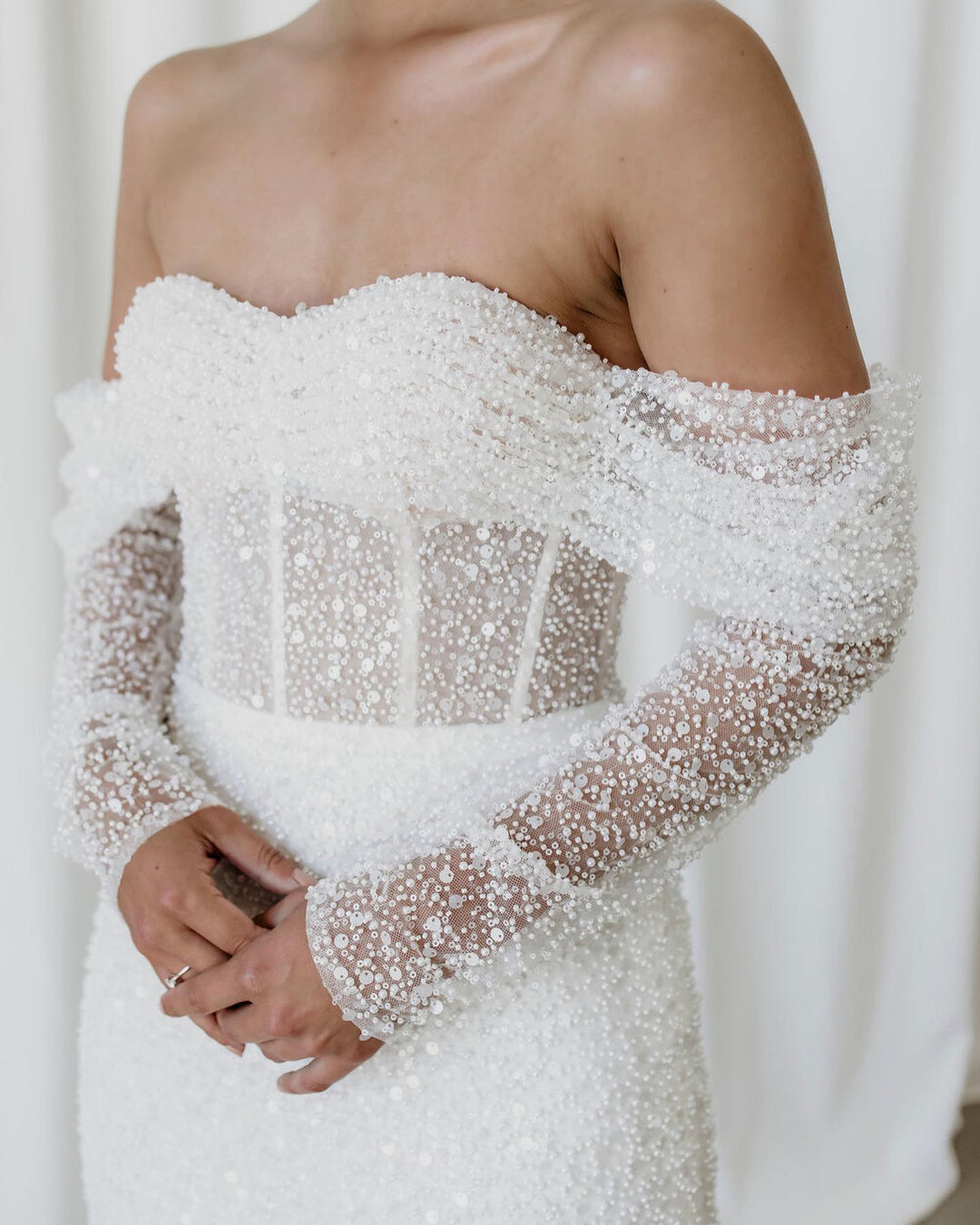 2-in-1 Pearled Shining Long Sleeve Bling Sequined Off-The-Shoulder Full Sleeves Detachable Train Mermaid Wedding Gown