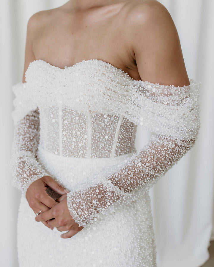 2-in-1 Pearled Shining Long Sleeve Bling Sequined Off-The-Shoulder Full Sleeves Detachable Train Mermaid Wedding Gown
