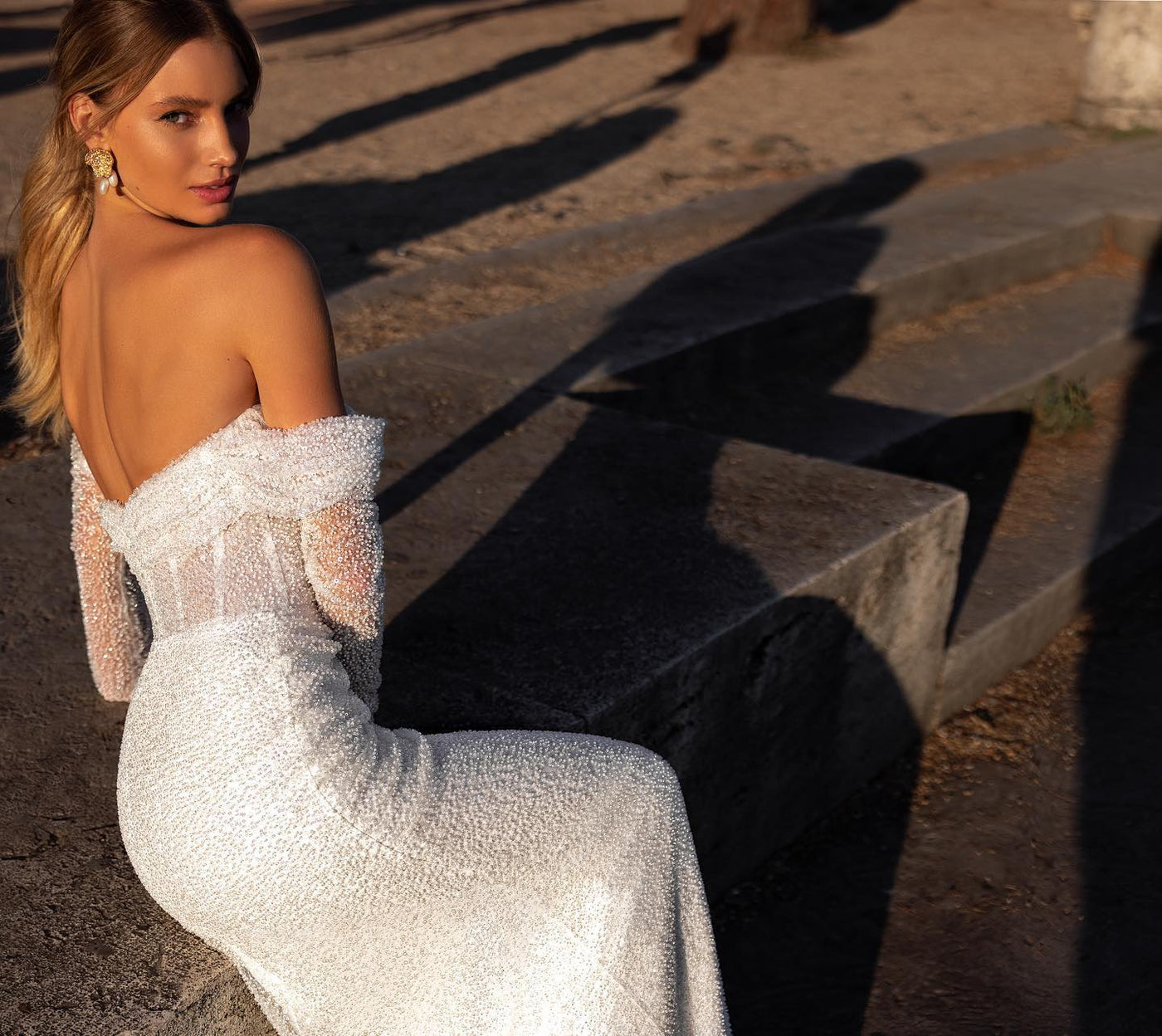 2-in-1 Pearled Shining Long Sleeve Bling Sequined Off-The-Shoulder Full Sleeves Detachable Train Mermaid Wedding Gown