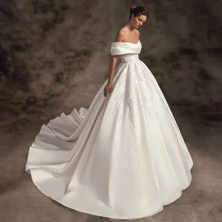 ALIÉNOR<br>Off-the-Shoulder Satin Beaded A-Line Court Train Princess Bridal Gown