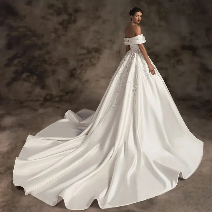 ALIÉNOR<br>Off-the-Shoulder Satin Beaded A-Line Court Train Princess Bridal Gown
