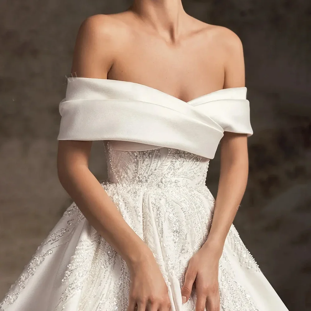 ALIÉNOROff-the-Shoulder Satin Beaded A-Line Court Train
