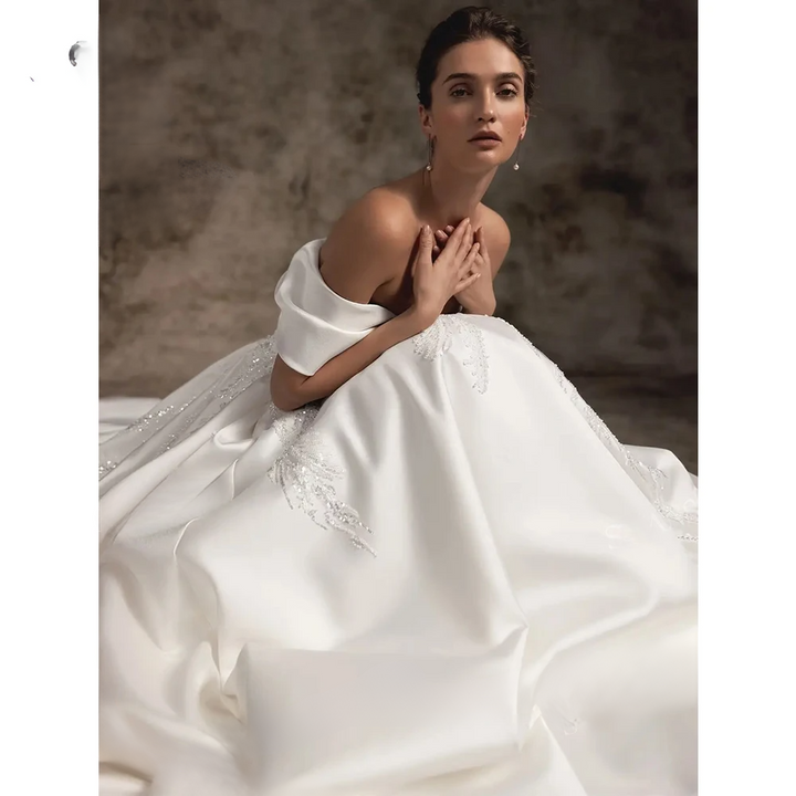 ALIÉNOR<br>Off-the-Shoulder Satin Beaded A-Line Court Train Princess Bridal Gown