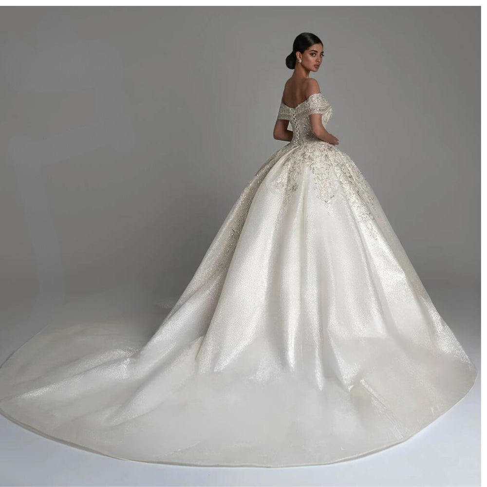 Off-the-Shoulder Vintage Sequins Pearls and Glitter Sleeveless Beaded Princess Bride Ball Gown