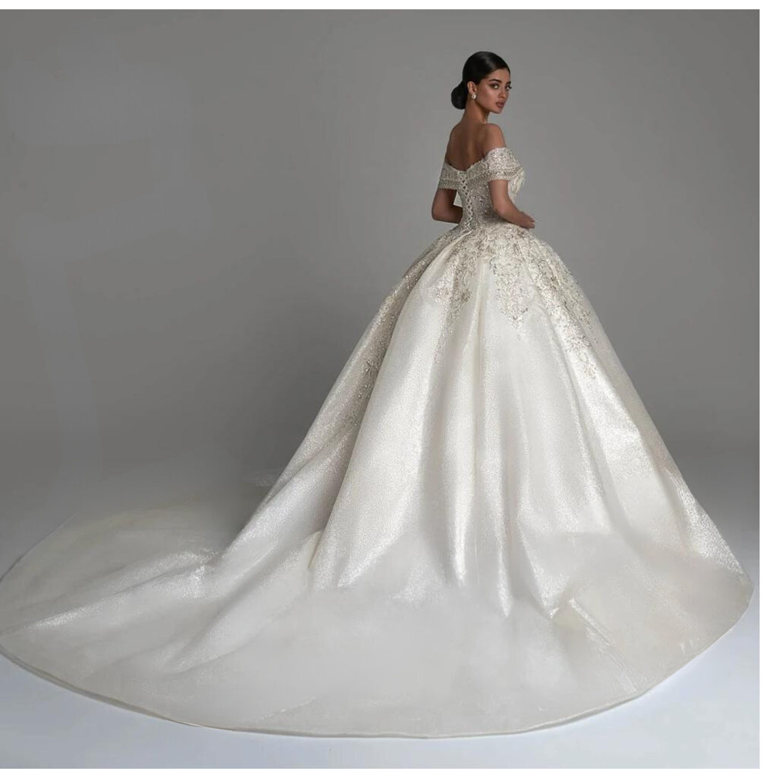 Off-the-Shoulder Vintage Sequins Pearls and Glitter Sleeveless Beaded Princess Bride Ball Gown