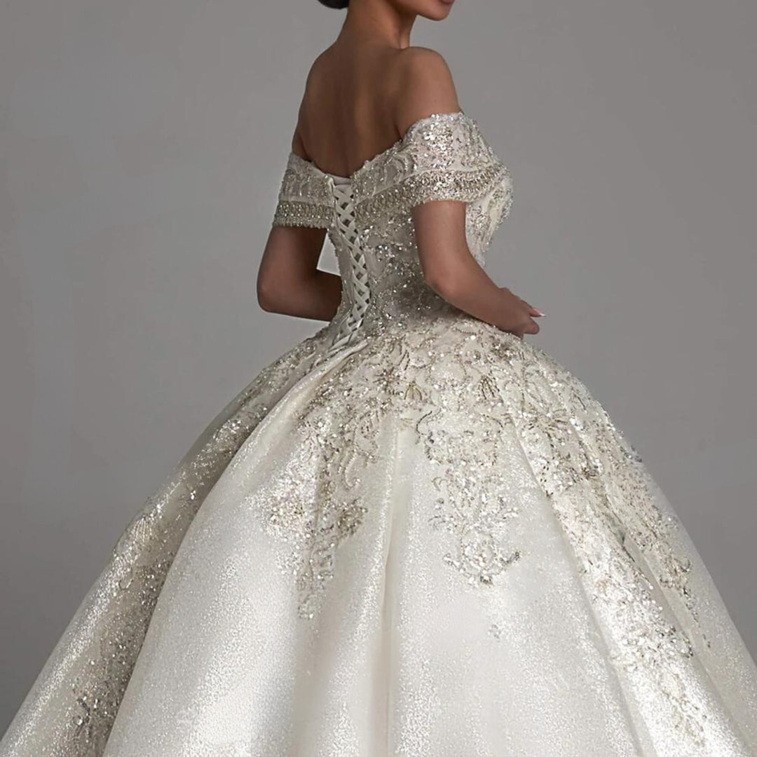 Off-the-Shoulder Vintage Sequins Pearls and Glitter Sleeveless Beaded Princess Bride Ball Gown