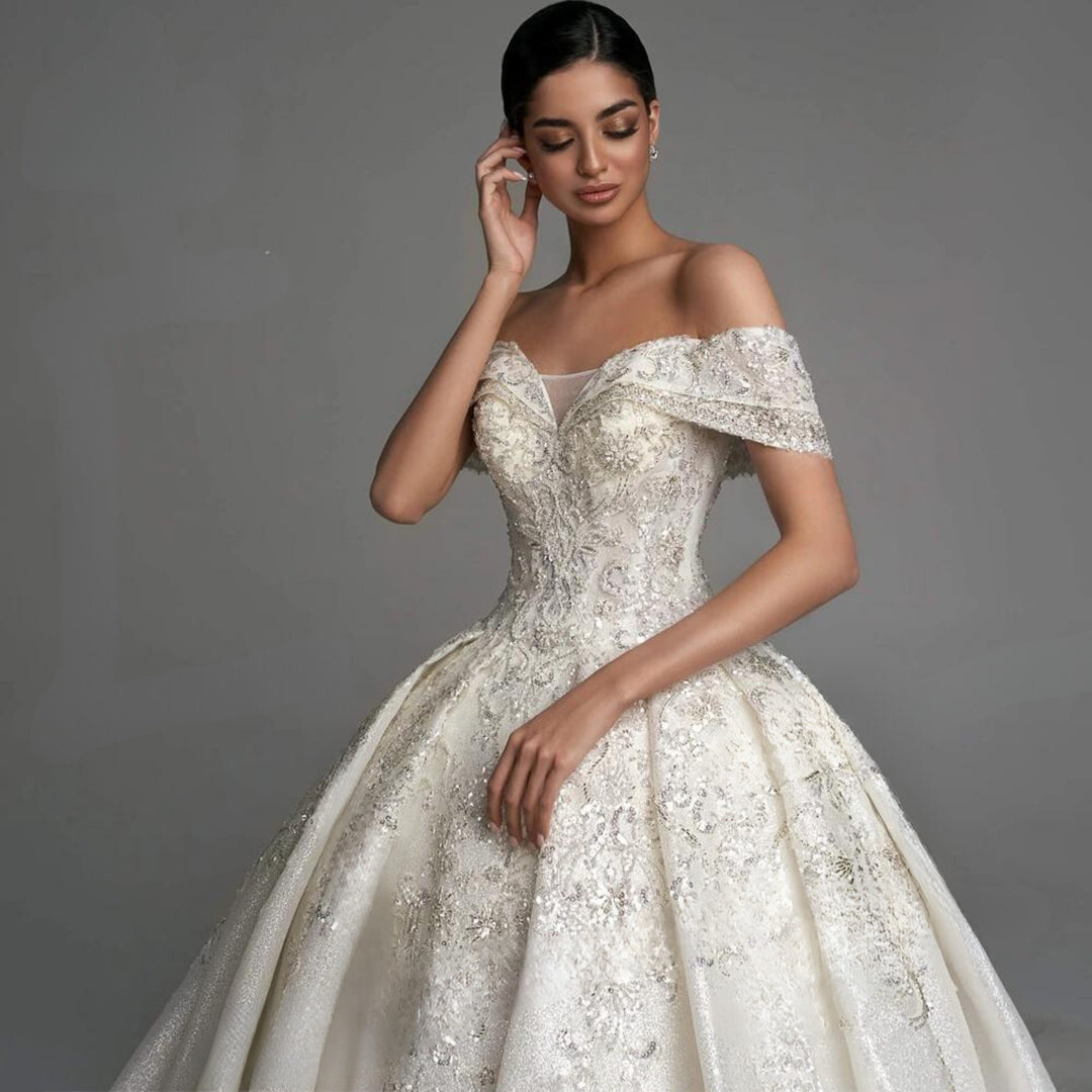 Off-the-Shoulder Vintage Sequins Pearls and Glitter Sleeveless Beaded Princess Bride Ball Gown