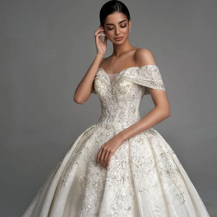 Off-the-Shoulder Vintage Sequins Pearls and Glitter Sleeveless Beaded Princess Bride Ball Gown