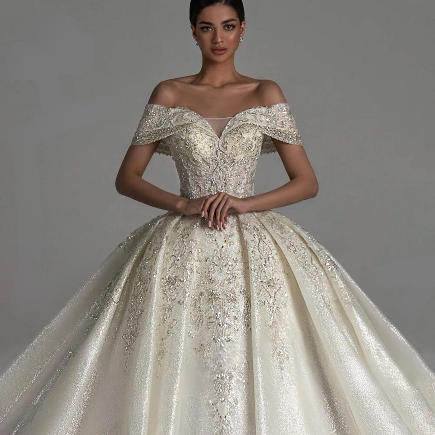 Off-the-Shoulder Vintage Sequins Pearls and Glitter Sleeveless Beaded Princess Bride Ball Gown
