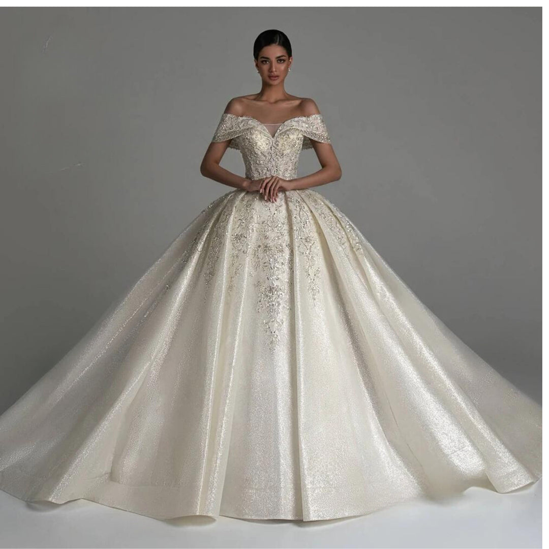 Off-the-Shoulder Vintage Sequins Pearls and Glitter Sleeveless Beaded Princess Bride Ball Gown