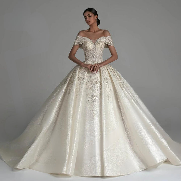 Off-the-Shoulder Vintage Sequins Pearls and Glitter Sleeveless Beaded Princess Bride Ball Gown