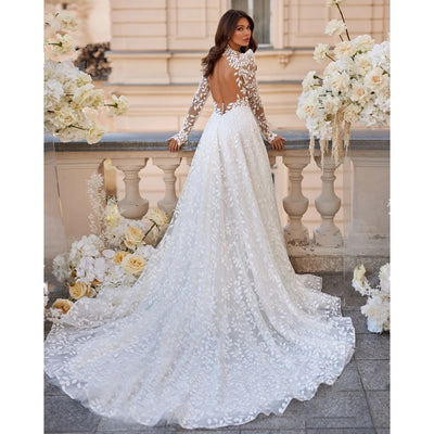 BACKEY<br>Lace Backless Long Sleeves A-Line Court Train Princess Plus Size Wedding Gown