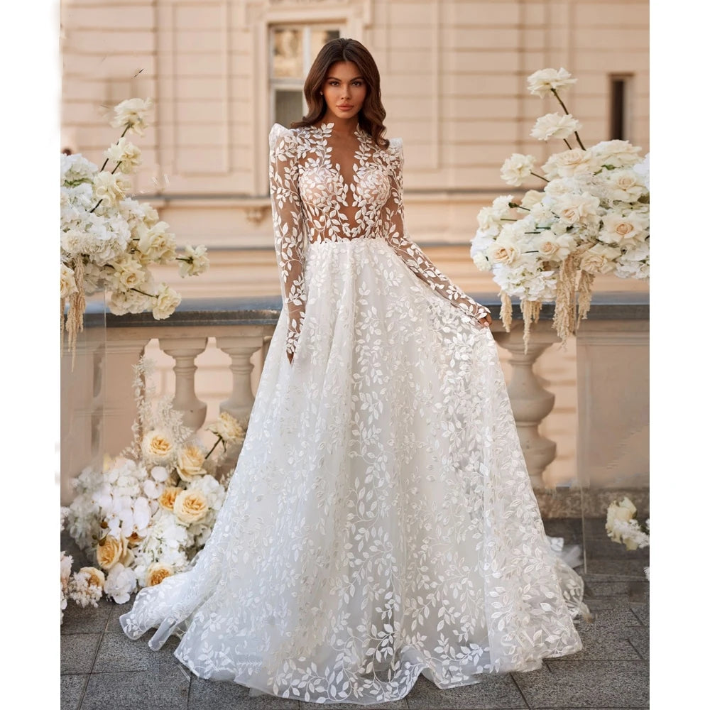 BACKEY<br>Lace Backless Long Sleeves A-Line Court Train Princess Plus Size Wedding Gown