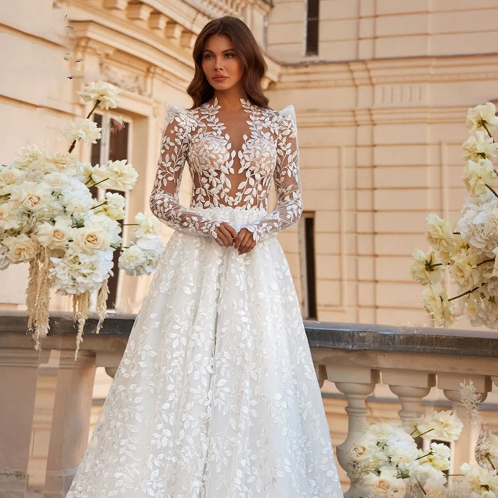 BACKEY<br>Lace Backless Long Sleeves A-Line Court Train Princess Plus Size Wedding Gown