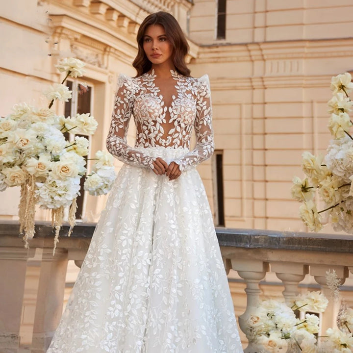 BACKEY<br>Lace Backless Long Sleeves A-Line Court Train Princess Plus Size Wedding Gown
