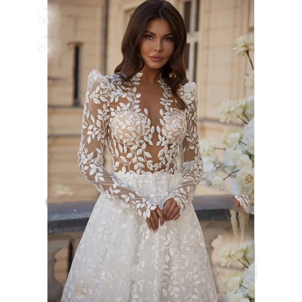 BACKEY<br>Lace Backless Long Sleeves A-Line Court Train Princess Plus Size Wedding Gown
