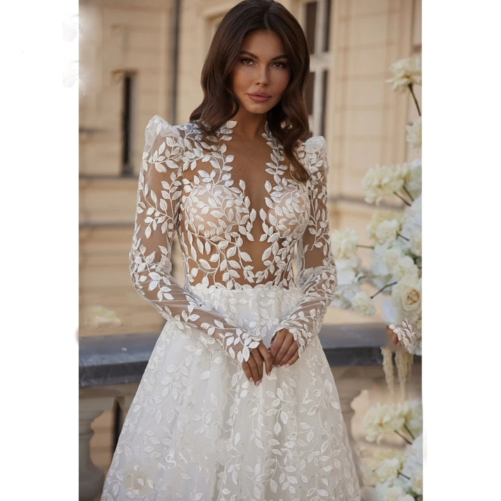 BACKEY<br>Lace Backless Long Sleeves A-Line Court Train Princess Plus Size Wedding Gown