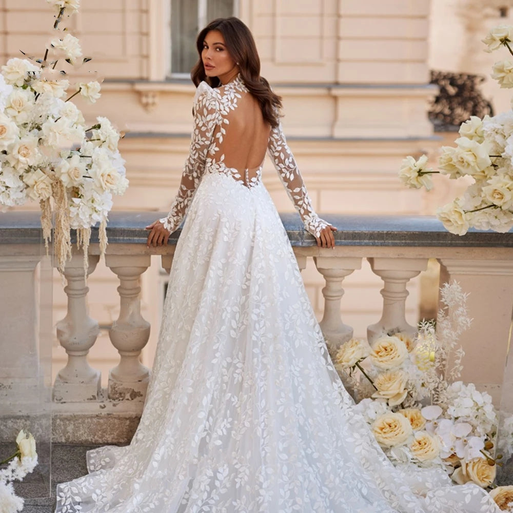 BACKEY<br>Lace Backless Long Sleeves A-Line Court Train Princess Plus Size Wedding Gown