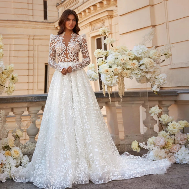 BACKEY<br>Lace Backless Long Sleeves A-Line Court Train Princess Plus Size Wedding Gown