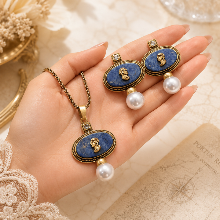 Bleu Reverie™ – Vintage Cameo Pearl Necklace &amp; Lapis-Inspired Stud Earring Set