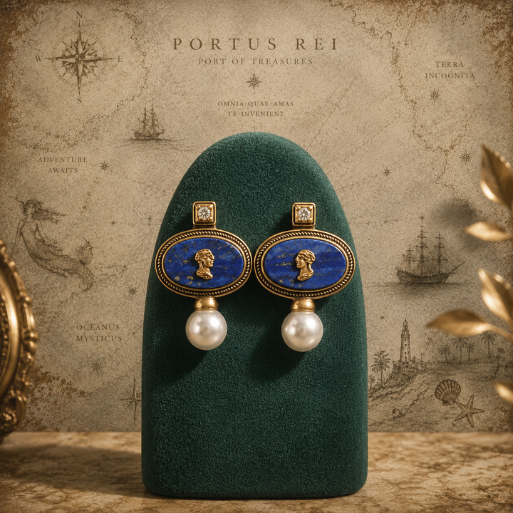 Bleu Reverie™ – Vintage Cameo Pearl Necklace &amp; Lapis-Inspired Stud Earring Set