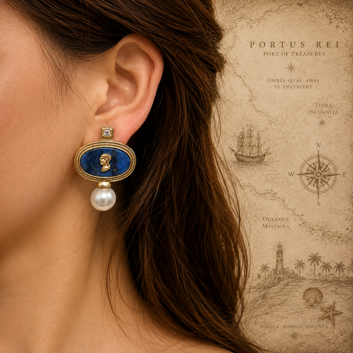 Bleu Reverie™ – Vintage Cameo Pearl Necklace &amp; Lapis-Inspired Stud Earring Set