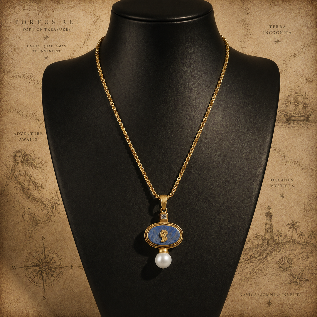 Bleu Reverie™ – Vintage Cameo Pearl Necklace &amp; Lapis-Inspired Stud Earring Set