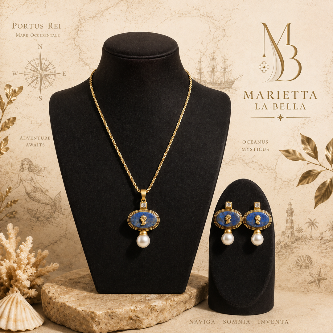 Bleu Reverie™ – Vintage Cameo Pearl Necklace &amp; Lapis-Inspired Stud Earring Set