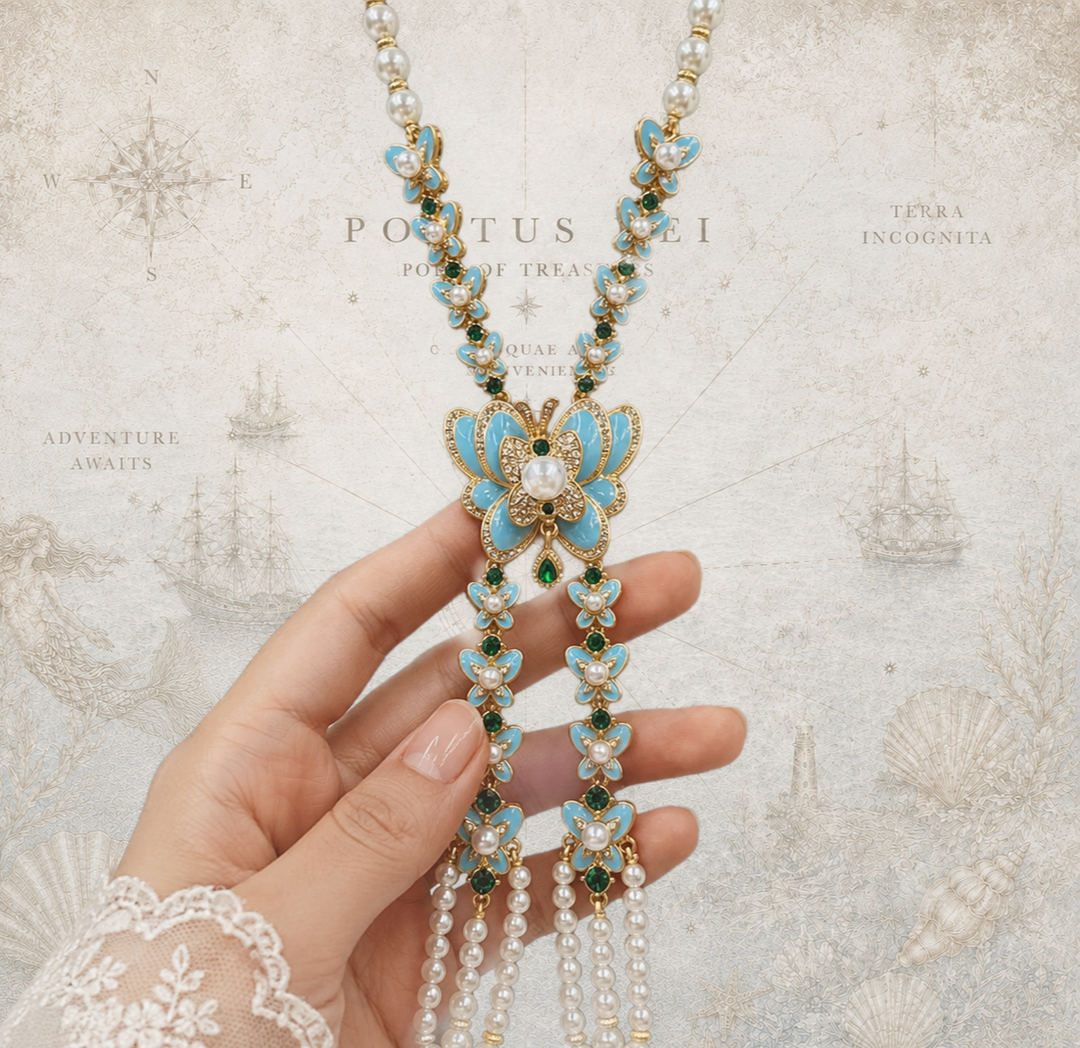 Chrysalis Dream™ – Vintage Blue Butterfly &amp; Glass Pearl Enamel Jewelry Set