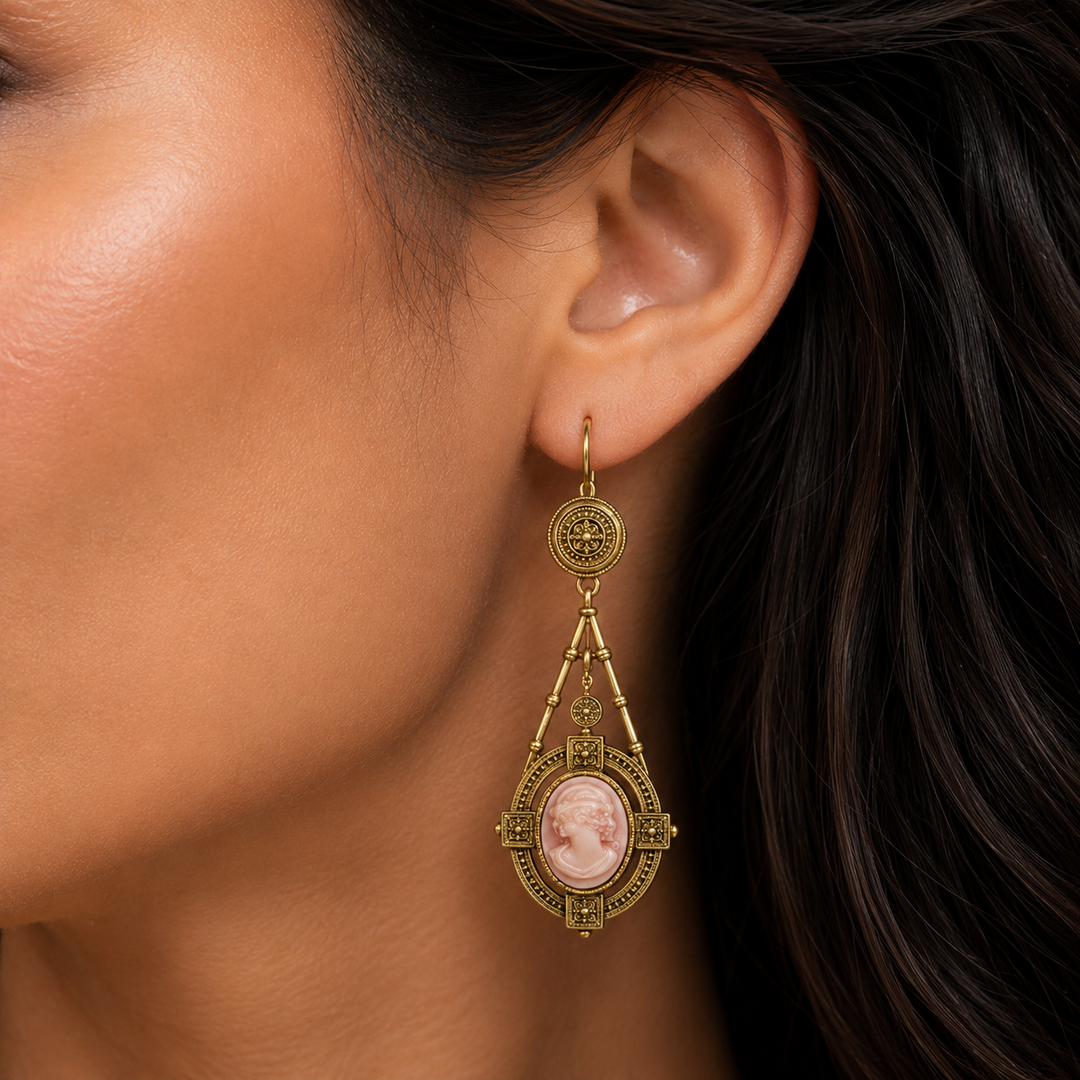 La Parisienne™ – Vintage Pink Cameo Enamel Drop Earrings