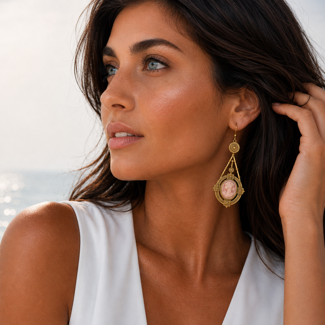 La Parisienne™ – Vintage Pink Cameo Enamel Drop Earrings