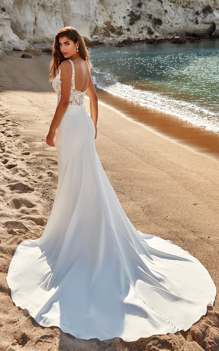 Elegant Mermaid Lace Open Back White/Ivory/Champagne Satin Square Collar Spaghetti Strap Bridal Gown Crepe mermaid gown with beaded ivory lace and sequins over textured sparkle tulle unlined bodice, skin cleavage, and cut-out sides, buttons to end of train
