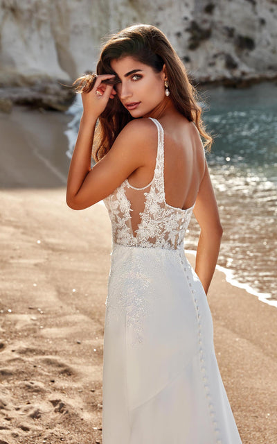 Elegant Mermaid Lace Open Back White/Ivory/Champagne Satin Square Collar Spaghetti Strap Bridal Gown Crepe mermaid gown with beaded ivory lace and sequins over textured sparkle tulle unlined bodice, skin cleavage, and cut-out sides, buttons to end of train