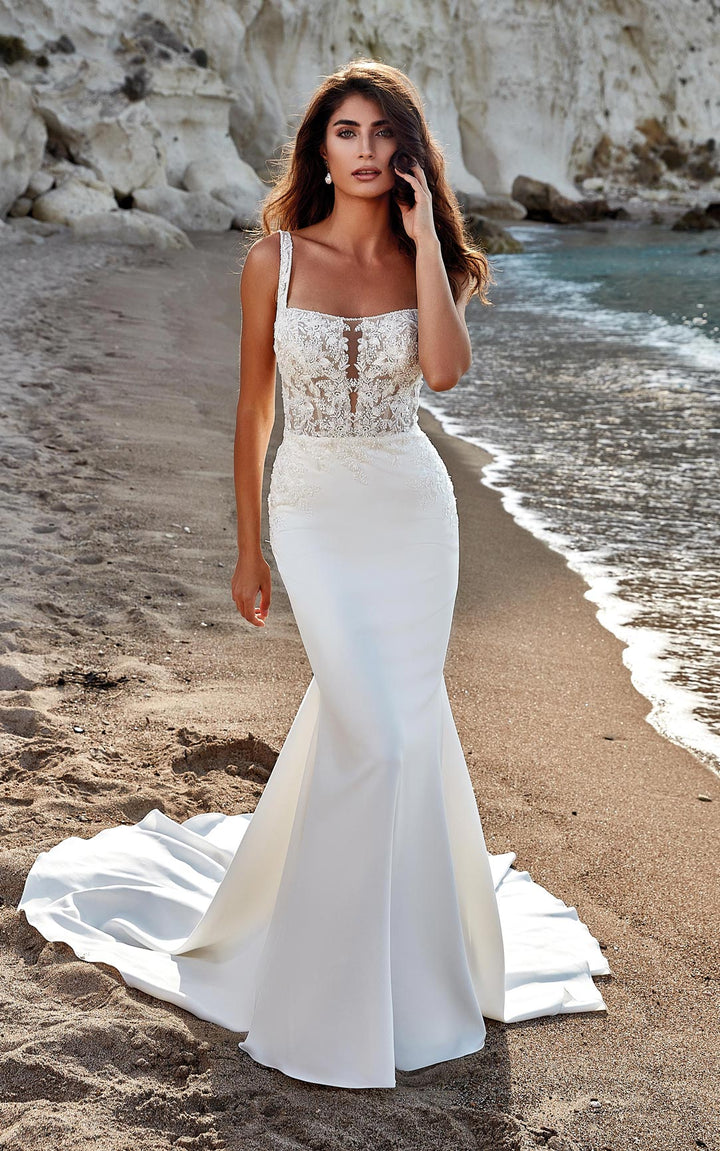 Elegant Mermaid Lace Open Back White/Ivory/Champagne Satin Square Collar Spaghetti Strap Bridal Gown Crepe mermaid gown with beaded ivory lace and sequins over textured sparkle tulle unlined bodice, skin cleavage, and cut-out sides, buttons to end of train