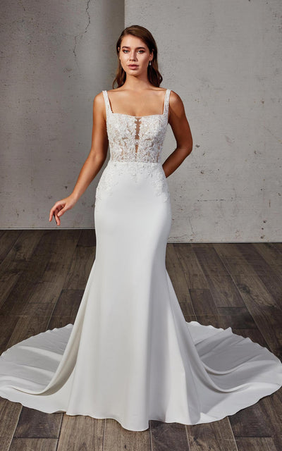 Elegant Mermaid Lace Open Back White/Ivory/Champagne Satin Square Collar Spaghetti Strap Bridal Gown Crepe mermaid gown with beaded ivory lace and sequins over textured sparkle tulle unlined bodice, skin cleavage, and cut-out sides, buttons to end of train