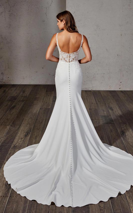 Elegant Mermaid Lace Open Back White/Ivory/Champagne Satin Square Collar Spaghetti Strap Bridal Gown Crepe mermaid gown with beaded ivory lace and sequins over textured sparkle tulle unlined bodice, skin cleavage, and cut-out sides, buttons to end of train