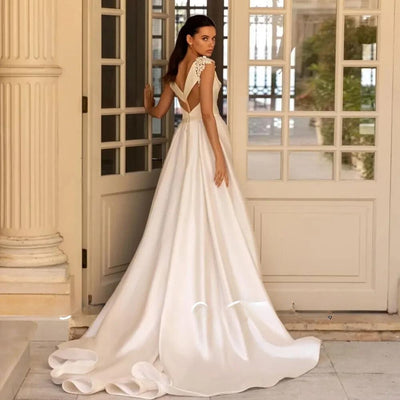 V-Neck Satin Elegant Cap Sleeve Luxury Bridal Gown wedding gown vestidos de novia 