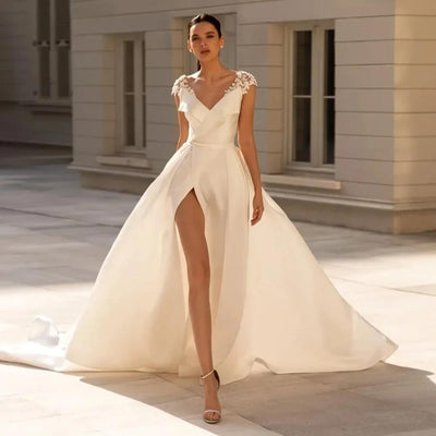 V-Neck Satin Elegant Cap Sleeve Luxury Bridal Gown wedding gown vestidos de novia 
